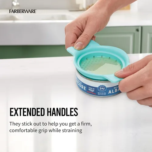 Miniatura 4 de Farberware Colador y colador de latas clásico, Aqua Sky, colador de tapa a presión para atún, verduras enlatadas, pasta, frutas, se adapta a latas