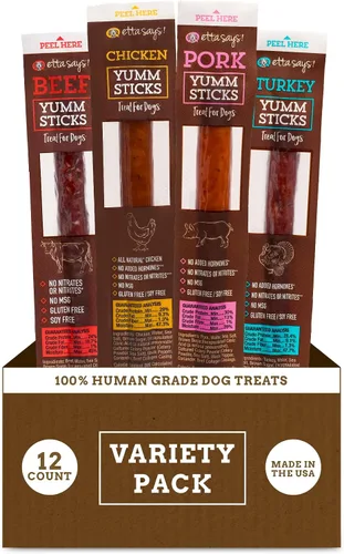 etta says! Yumm Sticks - Golosinas de carne seca real para perros, carne seca de res, pollo, cerdo y pavo, grado humano, fabricadas en los Estados