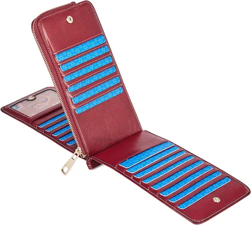 Miniatura 2 de FOXLOVER Portatarjetas de crédito múltiples para mujer, con bloqueo RFID, cartera de cuero para mujer con bolsillo con cremallera, rojo vino