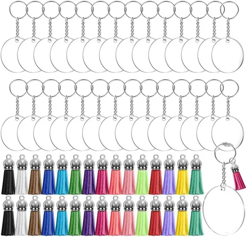 Miniatura 6 de Llavero de acrílico en blanco, 120 llaveros transparentes que incluyen 30 piezas en blanco acrílico, 30 borlas para llavero, 30 anillos para llavero