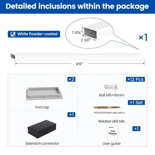 Miniatura 2 de Muzata Barandilla de cable blanco de 6 pies 6 pulgadas Pasamanos rectangular de acero inoxidable para sistema de barandilla de cable Riel superior
