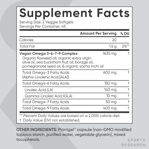 Miniatura 5 de Sports Research® Vegan Omega 3-6-7-9 - 1200 mg de Ácidos Grasos Omega de Espectro Múltiple Certificados Fórmula No OMG con Espino Cerval de Mar
