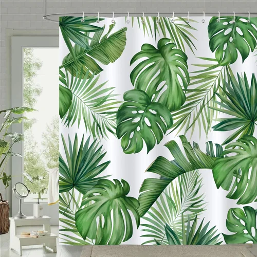 Miniatura 8 de Bonhause Cortina de ducha con hojas tropicales, diseño de naturaleza selva, hoja de palmera verde oscuro, planta Monstera, cortina de baño de 72 x