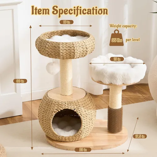 Miniatura 8 de Moderna torre de árbol para gatos de interior, madera maciza de 30 pulgadas y ratán para gatos con postes rascadores y auto arreglado, cama de felpa