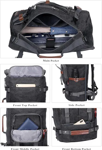 Miniatura 3 de WITZMAN Mochila de lona vintage Mochila de viaje grande para laptop, mochila convertible para hombro, Negro -, Mochilas de viaje