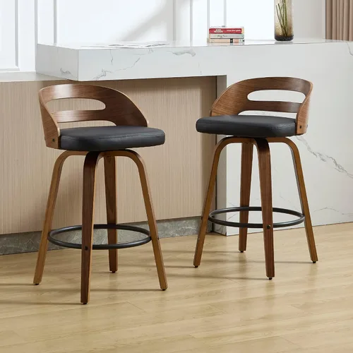 Miniatura 7 de VipDesk Taburetes de bar giratorios, Taburetes de bar de altura de mostrador de nogal con respaldo y brazos, Taburetes de bar tapizados modernos
