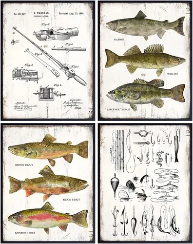 Accesorios de pesca, impresión de patente, caña, carrete, señuelos, juego de arte de pared – Decoración de casa de lago o montaña para el hogar –