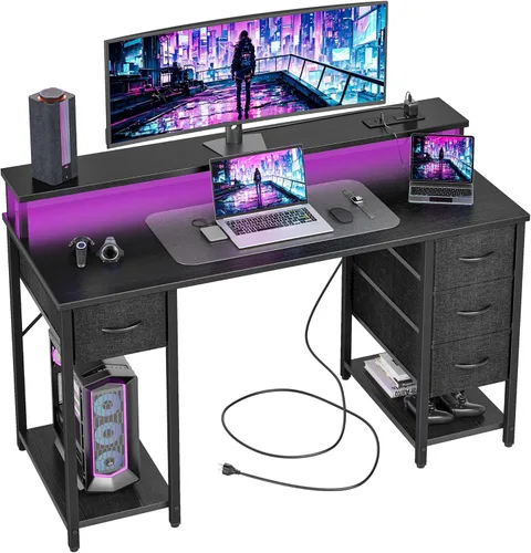 TIQLAB Computer Desk with 4 Drawers & LED Lights, 47 Inch Gaming Desk with Monitor Stand & Power Outlets, Home Office Desk with Large Storage Space,