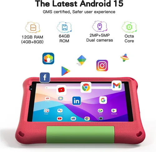 Miniatura 2 de Tableta para niños de 8 pulgadas, Android 15, Octa-Core 12 GB de RAM + 64 GB de ROM, tableta para niños pequeños con WiFi 6, control parental