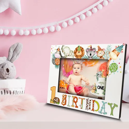 Miniatura 3 de BELLA BUSTA - Marco de fotos de primer cumpleaños, tema de cumpleaños de animales de safari, primer año del pequeño, marco de fotos con impresión UV