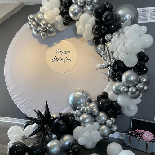Miniatura 6 de Globos negros y plateados, paquete de 60 globos de 12 pulgadas con confeti negro, blanco y plateado con 1 cinta para decoración de cumpleaños, baby