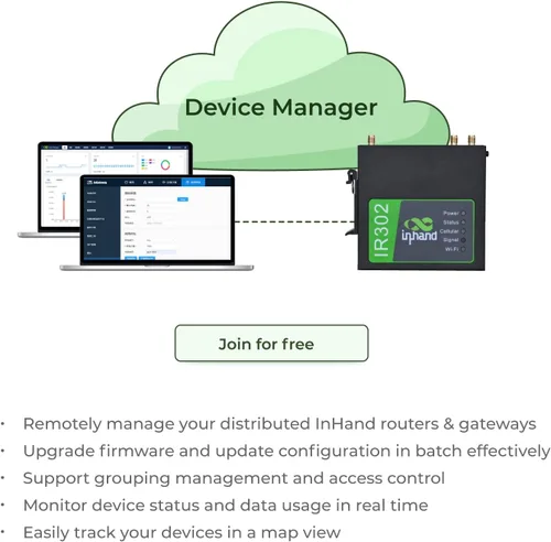 Miniatura 8 de InHand Networks IR302 Router industrial IoT LTE 4G VPN, LTE Cat 1+ Wi-Fi, ranuras para tarjetas SIM duales, gestión por plataforma en la nube