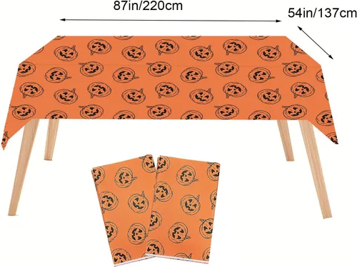 Miniatura 2 de Halloween Tablecloth - 2pcs 86x54in Disposable Paper Table Covers Spill-Proof Table Decorations, Cute Orange Pumpkin Rectangle Tablecloth for