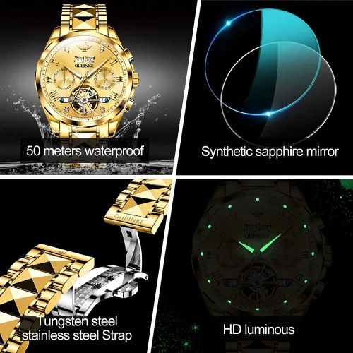 Miniatura 5 de OUPINKE - Reloj automático para hombre, diseño de esqueleto de diamante mecánico de cuerda automática, lujo, reloj de pulsera de cristal de zafiro