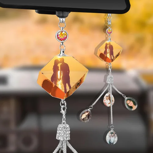 Miniatura 11 de Dijes colgantes de cristal personalizados para automóvil con fotos y textos personalizados Adorno colgante de espejo retrovisor Colgante de foto