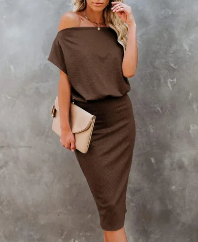 Miniatura 2 de Ezbelle Vestido por debajo de la rodilla, ajustado, para mujer, con hombro descubierto y manga corta, vestido acanalado informal y de fiesta