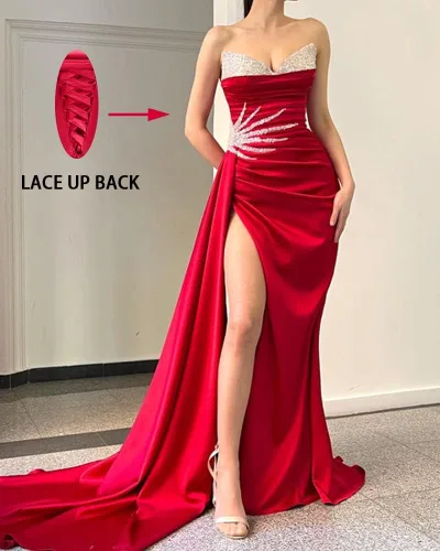 Miniatura 3 de Vestido de fiesta sin tirantes con lentejuelas para mujer, de satén, largo, formal, vestido de fiesta de noche, vestido de novia con abertura