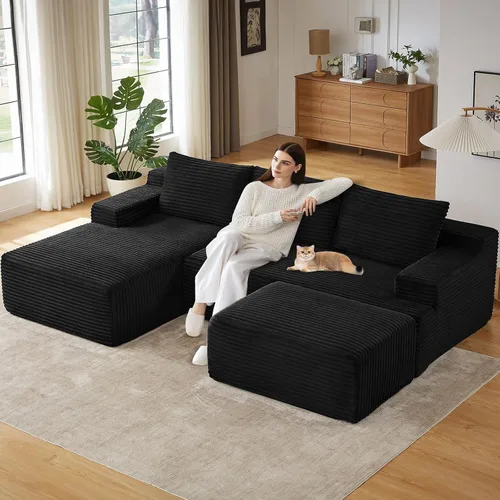 Miniatura 78 de Sofá modular de 95 pulgadas con otomana, moderno sofá nube de pana con asiento profundo, sofá sin hueso tapizado de 3 plazas en forma de U para sala