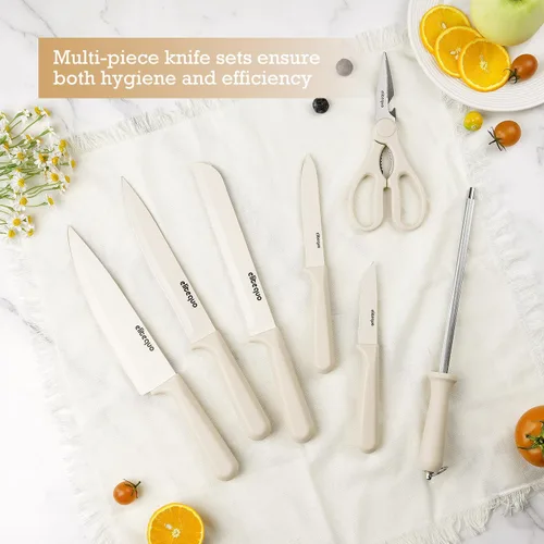 Miniatura 7 de Juego de 8 cuchillos de cocina con afilador, apto para lavavajillas, acero inoxidable alemán con mango ergonómico antideslizante Beige