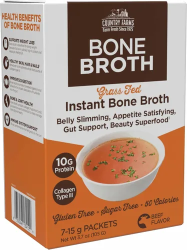 Country Farms Caldo Desnatado Instantáneo de Hueso de Res, 10G de Proteína, Colágeno Tipo III, Promueve una Mejor Digestión, Salud de los Huesos,