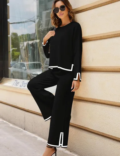 Miniatura 6 de Faleave Conjunto de 2 piezas de punto para mujer, suéter de manga larga, sin botones, pantalones de pierna ancha, conjunto de ropa deportiva