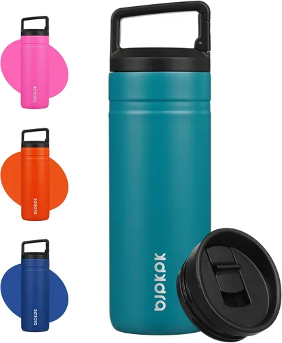 Miniatura 8 de BJPKPK - Botella de agua aislada con 2 tapas, vaso/taza de viaje de acero inoxidable de 20 onzas con aislamiento al vacío de doble pared, taza