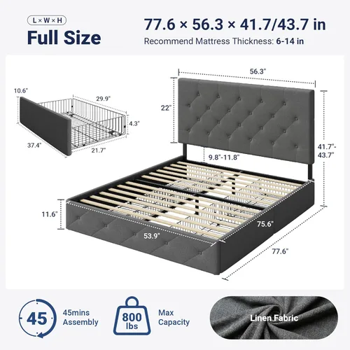Miniatura 2 de Allewie - Base de cama tapizada de tamaño Full con plataforma, con 4 cajones de almacenamiento y cabecera, diseño cosido en forma de diamante