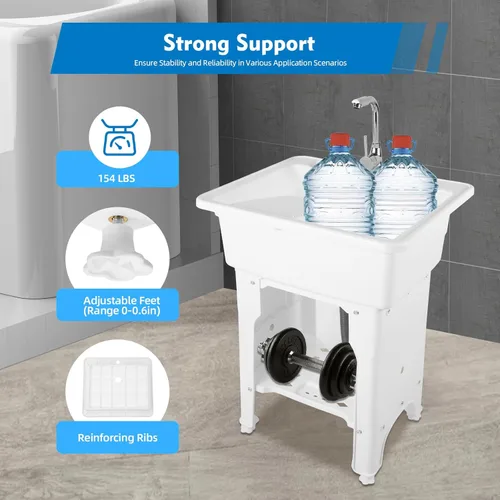 Miniatura 6 de Fregadero de lavandería de plástico independiente blanco con tabla de lavadero, fregadero de utilidad para interiores y exteriores con grifo de agua