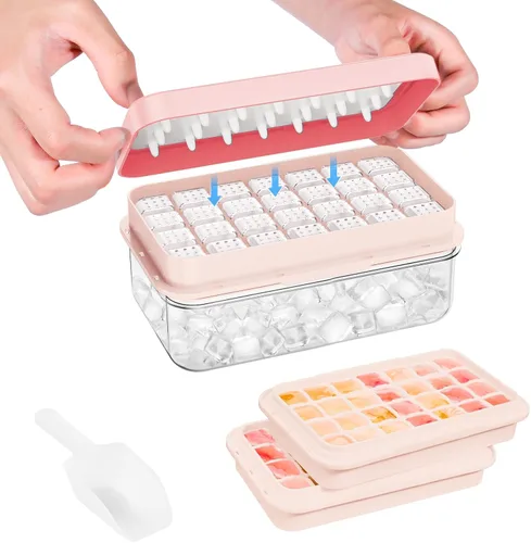 Miniatura 12 de Bandeja para cubitos de hielo con tapa y contenedor, 28 moldes para cubitos de hielo, bandejas de hielo para congelador, molde de bandeja