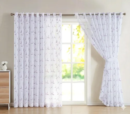 Miniatura 14 de Cortinas LinenZone de piso a techo para ventanas extra anchas. Cortinas transparentes blancas para divisores de habitación con bordado de hojas rosa