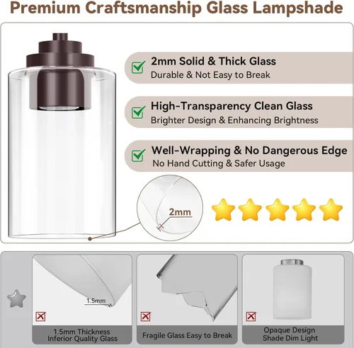 Miniatura 3 de Lámparas de baño de 3 luces, 19 pulgadas, modernas luces de tocador sobre espejo con pantallas de vidrio transparente, accesorio de luz marrón