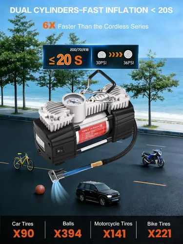 Miniatura 2 de Inflador de neumáticos portátil GSPSCN Bomba de compresor de aire de metal resistente 12V 6X Faster Inflation Double Cylinder 150Psi with
