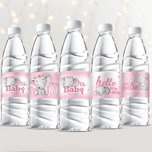 Miniatura 10 de Gersoniel 39 etiquetas para botellas de agua de elefante para baby shower, etiquetas adhesivas impermeables para revelación de género, suministros