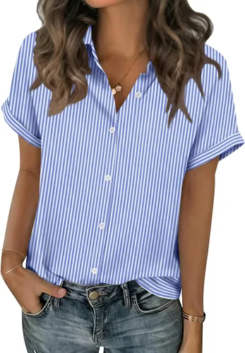 Miniatura 19 de Zeagoo Blusas de verano de manga corta para mujer, camisas casuales con botones, blusas de trabajo de negocios sólidas/a rayas