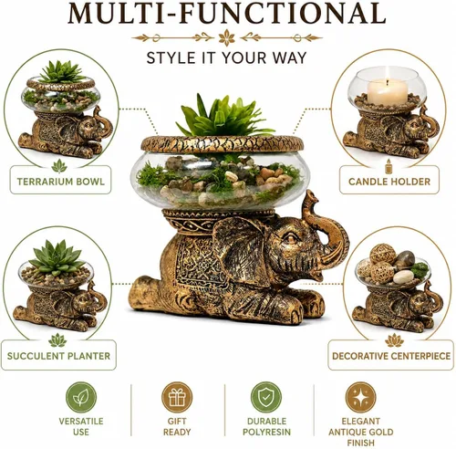Miniatura 2 de Tazón de cristal de elefante de buena suerte, figura decorativa envejecida dorada con cuenco de vidrio extraíble, terrario, portavelas o acuario
