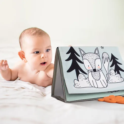 Miniatura 7 de Libro de tiempo de barriga suave con espejo estimulante seguro para bebés - Divertido juguete Montessori en blanco y negro con relleno arrugado y 20