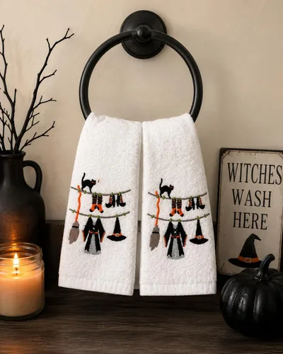 Miniatura 24 de Serafina Home Juego de 2 toallas de baño de Halloween – Juego de 2 toallas de algodón negro – 18 x 11 pulgadas bordado de murciélago en diseño