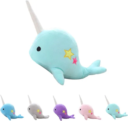 Bonito juguete de peluche de narval verde azulado, adorable juguete de peluche de ballena suave, animales de peluche para bebés, niños, niños