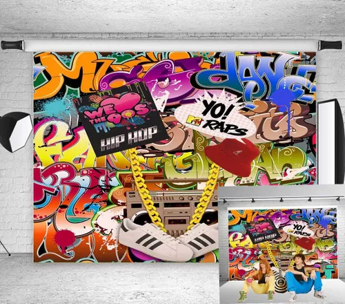 Qian Fondos de fotografía con tema de graffiti de hip hop de 7 x 5 pies, decoración de fiesta de los años 80 y 90, accesorios de estudio