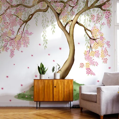 Miniatura 5 de Calcomanías de Pared Grandes de Árbol de Cerezo Rosa y Amarillo con Hojas Verdes, Calcomanías de Pared Florales Grandes para Sala de Estar, Fondo