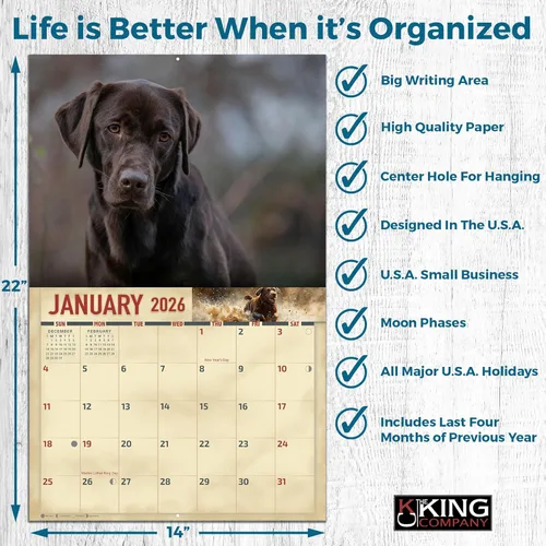 Miniatura 4 de The KING Company-Monster Calendars - Calendario de pared de perro labrador de chocolate 2026, 16 meses, tamaño XL, 14 x 22 pulgadas, calendario
