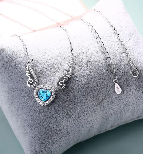 Miniatura 3 de Fine Jewelry - Collar con colgante de plata de ley 925, piedra preciosa natural, topacio azul suizo, amatista, peridoto, amor, corazón, alas de ángel