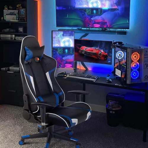 Miniatura 2 de DORTALA Silla ergonómica para videojuegos, silla de carreras de respaldo alto con soporte lumbar de masaje, bolsillo para banco de energía Azul