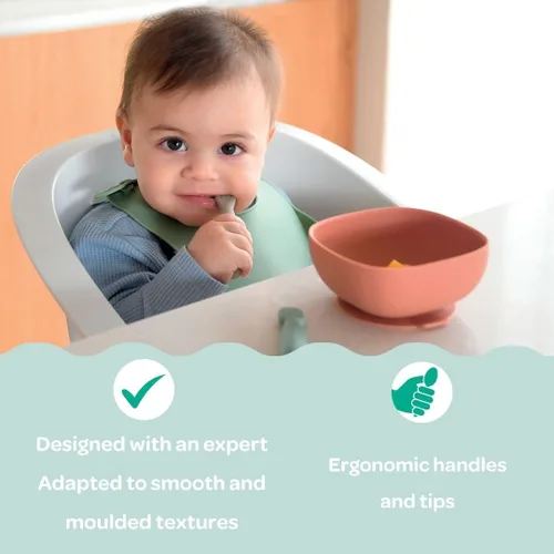 Miniatura 3 de BEABA Juego de 2 cucharas de silicona para bebés de 4 a 8 meses, cucharas de silicona ultra suaves para ayudar con la autoalimentación, diseñadas