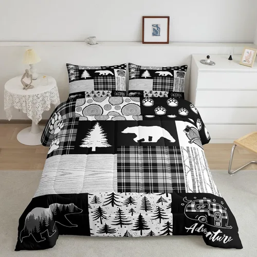Miniatura 176 de Juego de edredón de cuernos de ciervo tamaño individual, juego de ropa de cama rústica de granja con huellas de oso y pinos para decoración