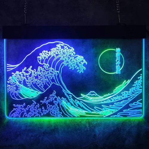 Miniatura 2 de Letrero de neón LED The Great Wave Off Kanagawa, letrero japonés de Katsushika Hokusai clásico, arte de pared para habitación, letreros de luz