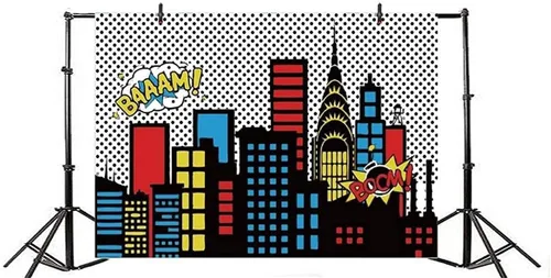Miniatura 4 de AOFOTO Telón de fondo de súper ciudad de 5 x 3 pies con bomba abstracta moderna edificio del centro de la ciudad, fondo de fotografía de dibujos