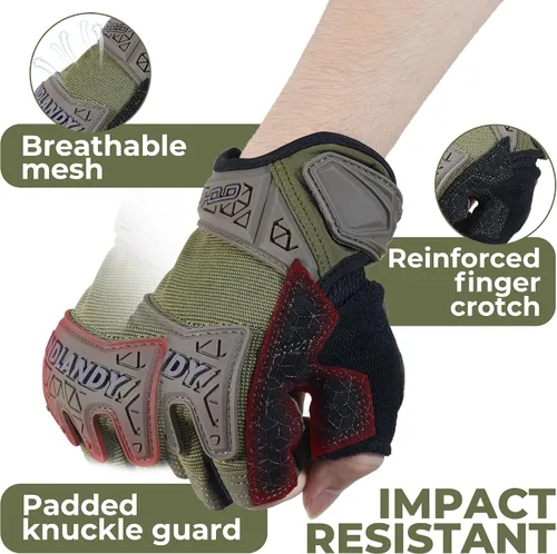 Miniatura 3 de HANDLANDY Guantes tácticos de impacto sin dedos para hombre, guantes de trabajo con agarre acolchado de medio dedo, guantes de conductor de Verde