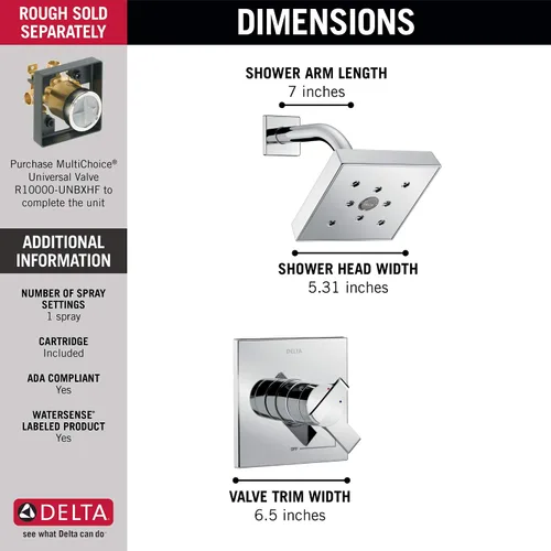 Miniatura 9 de Delta Faucet Ara 17 Series Kit de molduras de ducha de doble función con cabezal de ducha H2Okinetic de un solo rociador, cromado T17267