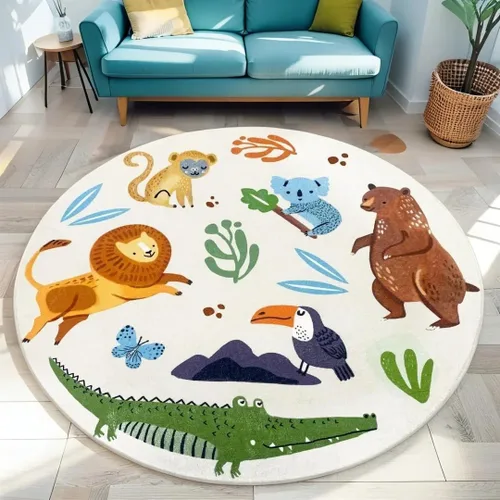 Miniatura 9 de Alfombra de juego para niños, alfombra circular de animales de 4 pies, alfombra redonda de zoológico para dormitorio, para niños y niñas, decoración